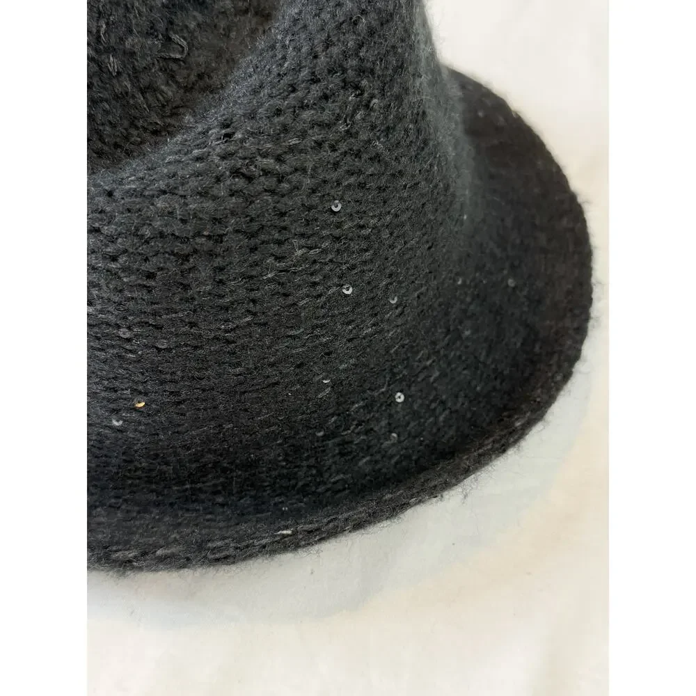 Twiggy London Classic Traditional Black Fuzzy Knit Sequin Bucket Hat One Size
